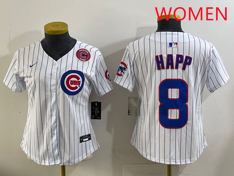 Women 2025 Chicago Cubs #8 Happ White Stripe Game Nike MLB Jersey style 6->women mlb jersey->Women Jersey